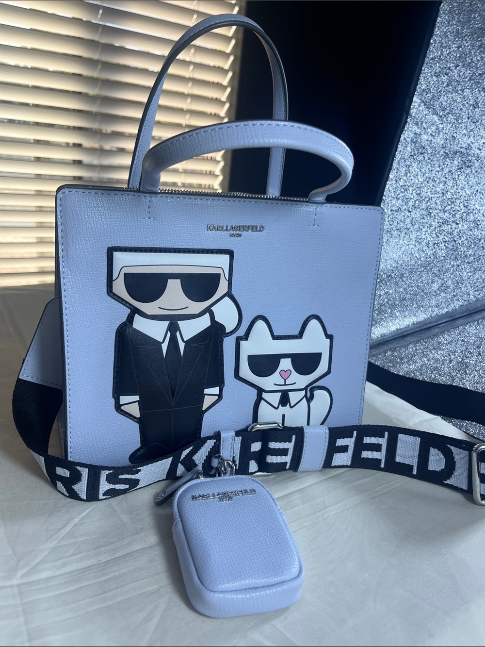 Karl Lagerfeld Light Blie Tote with Black & White Cartoon Appliqués - NWOT